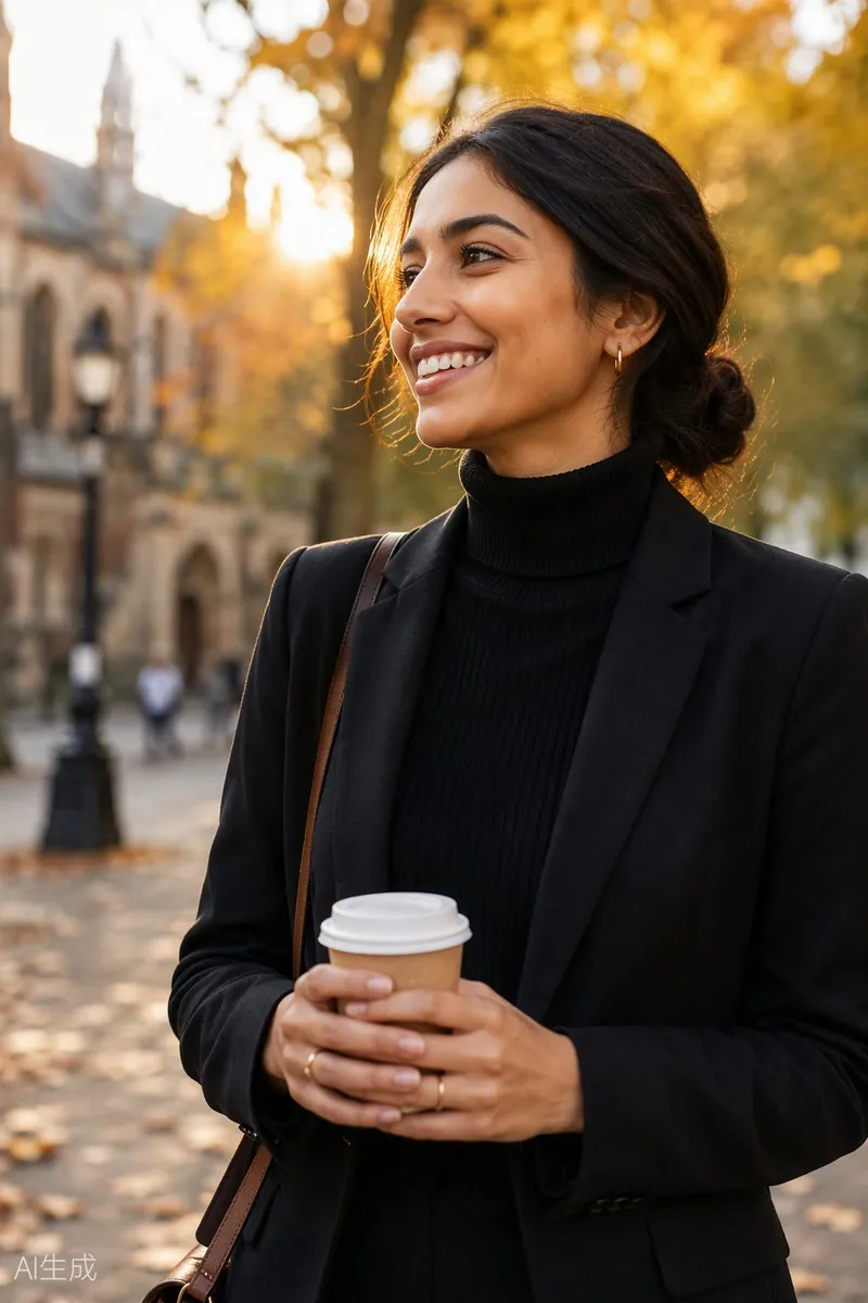 A young woman with coffee on a leafy street