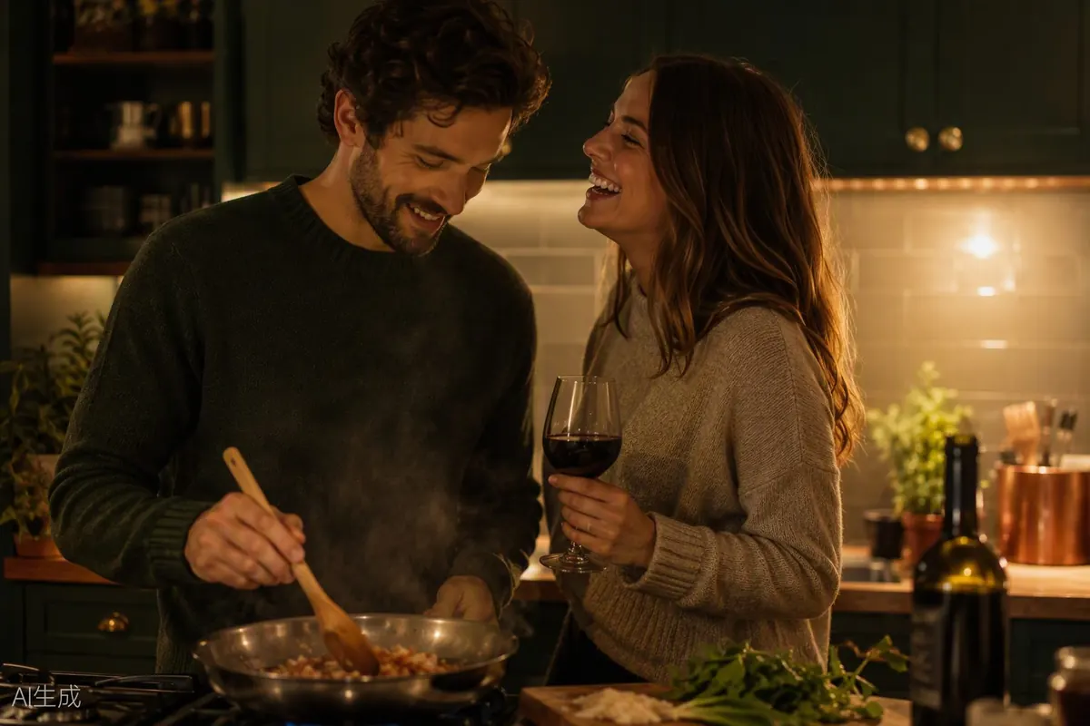A couple cooking together in winter