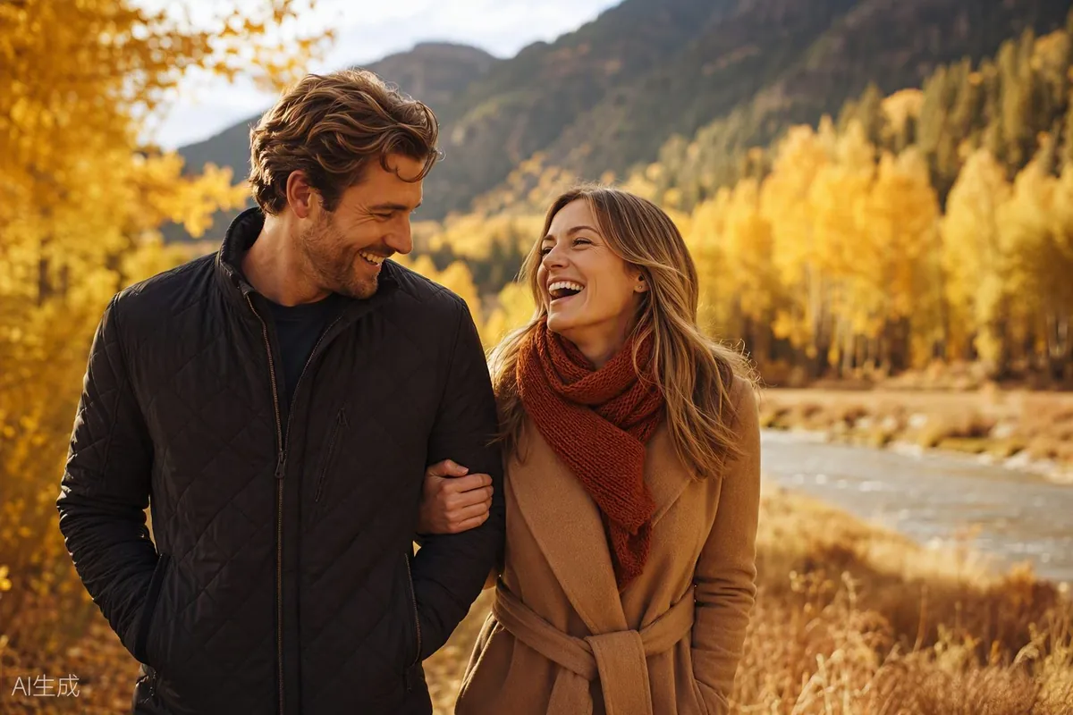 A couple walking through the river valley in autumn
