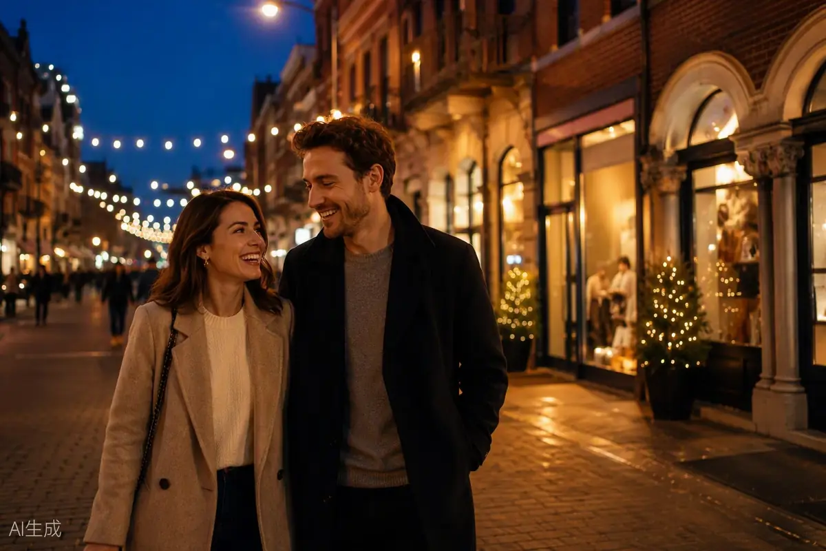 A couple walking under string lights